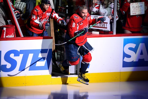 Washington Capitals left wing Alex Ovechkin (8) takes to the ice for warmups before Game 5 of a second-round NHL hockey playoff series against the Carolina Hurricanes Thursday, May 15, 2025, in Washington. (AP Photo/Nick Wass)