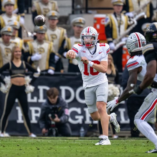 Ohio State quarterback Julian Sayin (10) throws a pass during the second half of an NCAA college football game against Purdue, Saturday, Nov. 8, 2025, in West Lafayette, Ind. (AP Photo/Doug McSchooler)