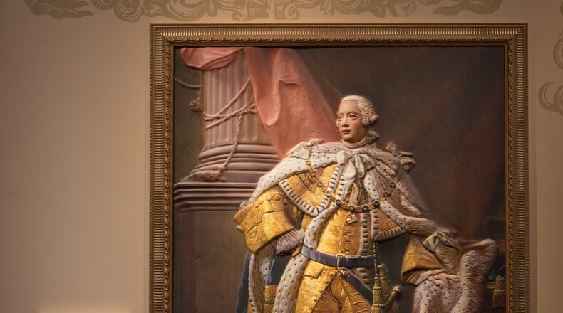 This photo provided by the Museum of the American Revolution shows a 3D version of King George III’s coronation portrait in a gallery at the Museum of the American Revolution in Philadelphia. (Ardon Bar-Hama/Museum of the American Revolution via AP)