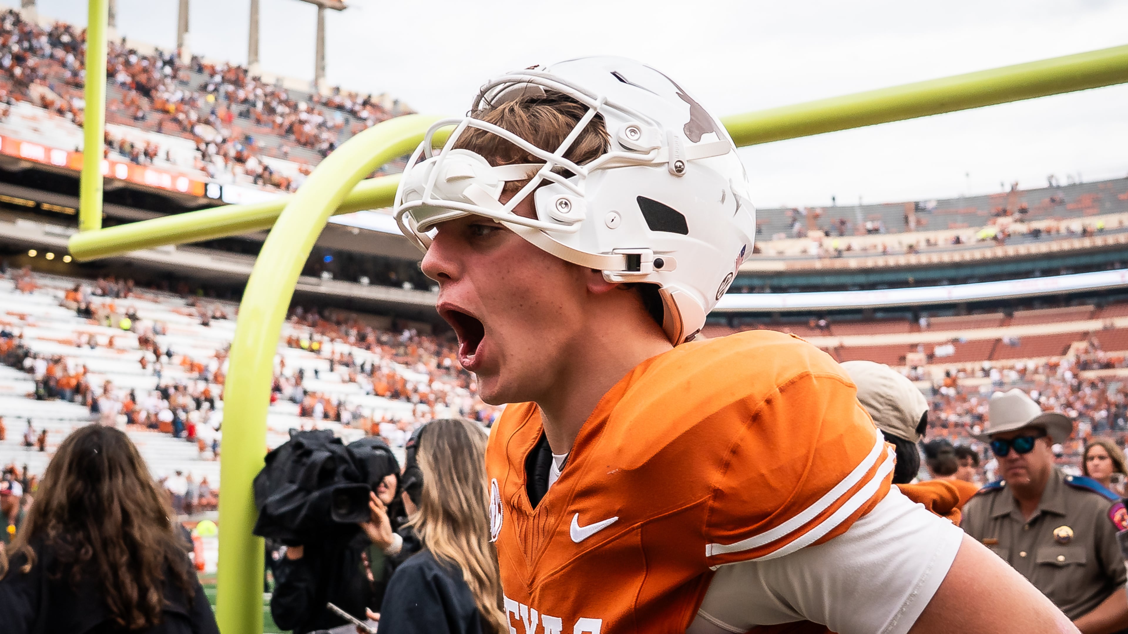 Texas Longhorns quarterback Arch Manning (16) celebrates the team's win over Vanderbilt during an NCAA college football game in Austin, Texas, Saturday, Nov. 1, 2025. (Sara Diggins/Austin American-Statesman via AP)