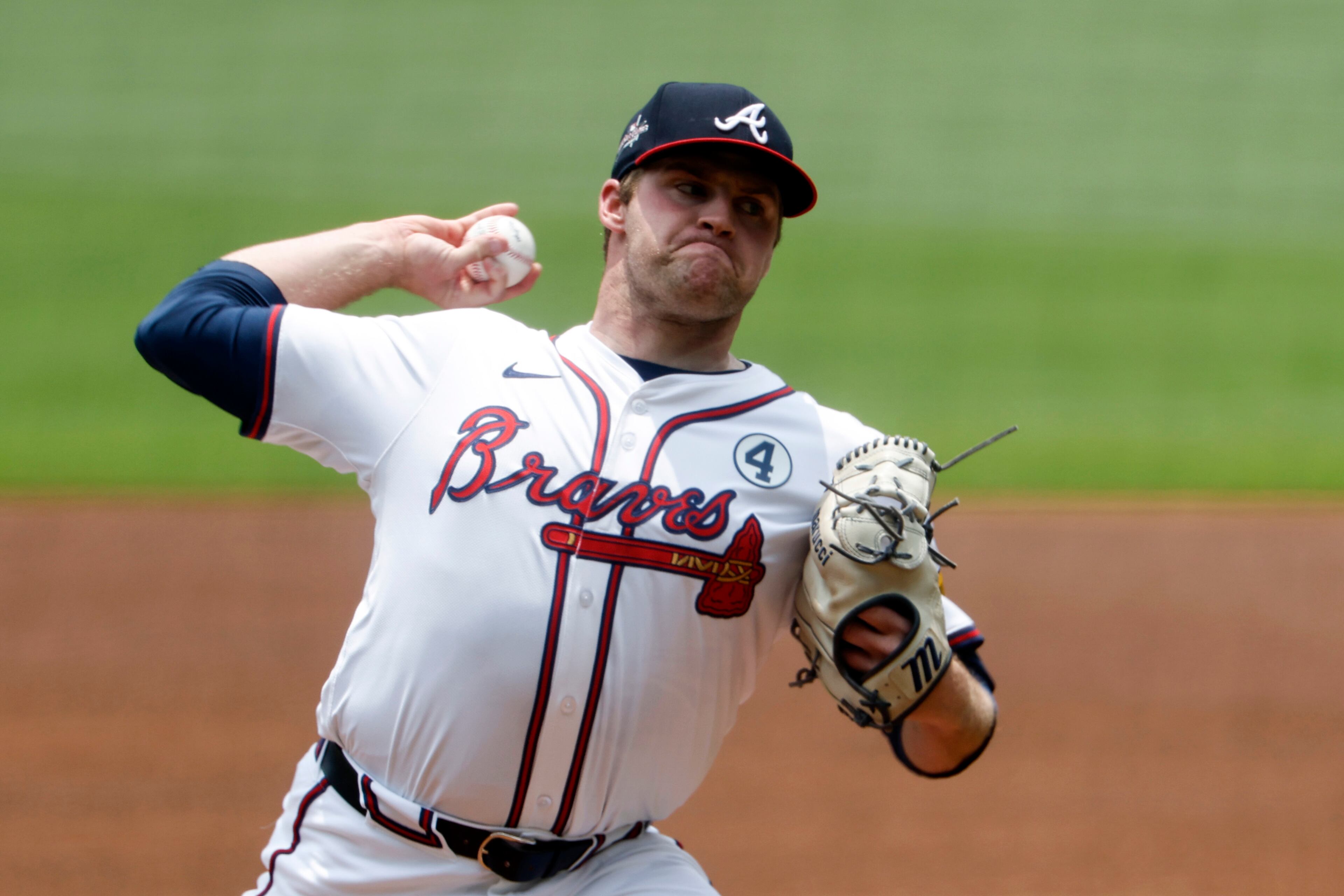 Atlanta Braves pitcher Bryce Elder throws during the first inning of a baseball game against the Boston Red Sox, Sunday, June 1, 2025, in Atlanta. (AP Photo/Butch Dill)