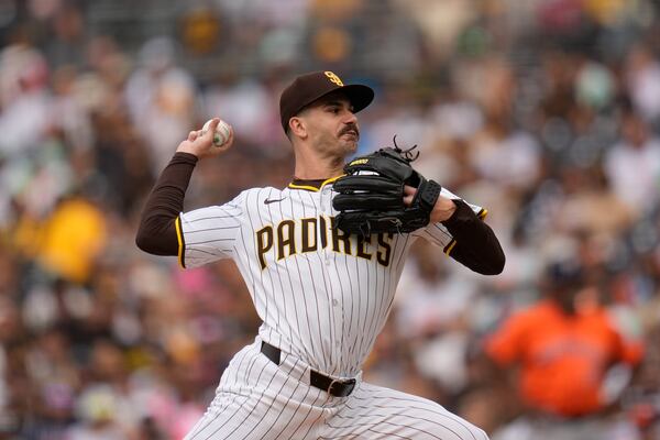 FILE - San Diego Padres starting pitcher Dylan Cease works against a Houston Astros batter during the second inning of a baseball game Wednesday, Sept. 18, 2024, in San Diego. (AP Photo/Gregory Bull, file)