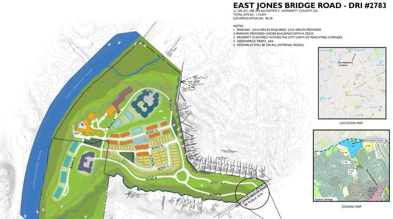 A developer is proposing up to 916 housing units on a 115-acre tract of land fronting the Chattahoochee river in Peachtree Corners. Courtesy City of Peachtree Corners