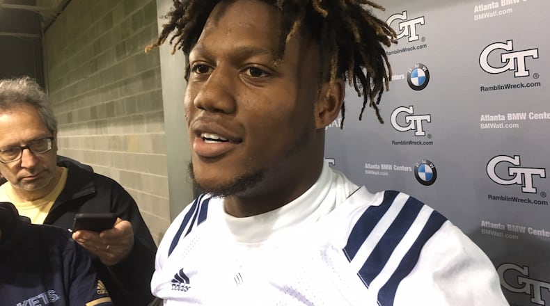 Georgia Tech quarterback James Graham talks with media following the Yellow Jackets' spring-practice workout on March 28, 2019.