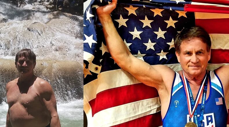 The photo of Dean Barnard on the left was taken in July 2018. The photo on the right of Barnard wa taken in December 2019 after he won the gold in the United World Wrestling Master's World Championship. (Photos contributed by Dean Barnard)
