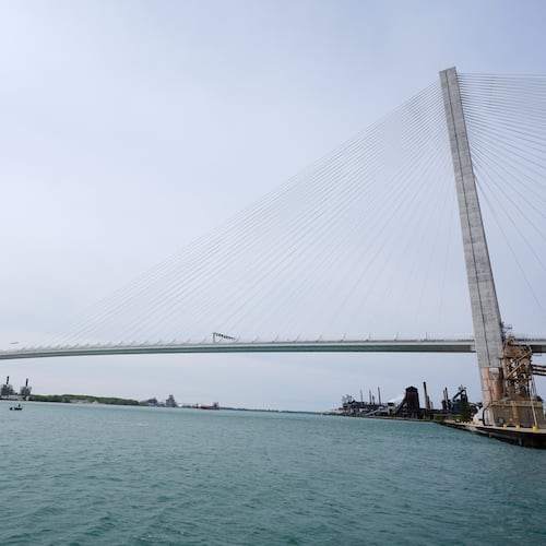 FILE - The Gordie Howe Bridge is shown under construction between Windsor, Ontario and Detroit, May 22, 2026. (AP Photo/Paul Sancya, File)