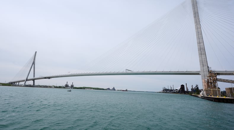 FILE - The Gordie Howe Bridge is shown under construction between Windsor, Ontario and Detroit, May 22, 2026. (AP Photo/Paul Sancya, File)