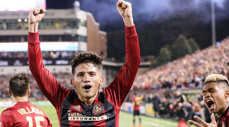 Atlanta United's Yamil Asad reacts to scoring the franchise's first goal in the first half of Sunday's game.