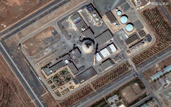 This satellite image provided by Maxar on June 18, 2025 shows Iran's Arak heavy water reactor building after Israel launched airstrikes on the reactor. (Maxar Technologies via AP)