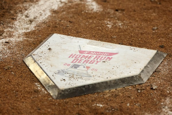 Home plate is augmented by the 2025 MLB Home Run Derby logo on Monday, July 14, 2025, at Truist Park in Atlanta. (Jason Getz/AJC)