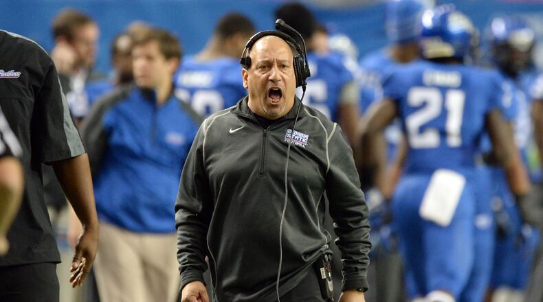 Georgia State Panthers head coach Trent Miles shouts instructions from side line in the first half against the South Alabama Jaguars at the Georgia Dome on Saturday, November 30, 2013. HYOSUB SHIN / HSHIN@AJC.COM