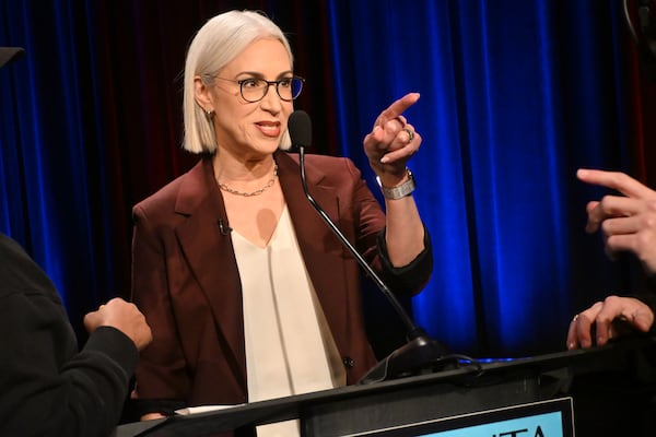 Fulton County Commissioner Dana Barrett, a Democratic candidate for secretary of state, speaks during an Atlanta Press Club debate at Georgia Public Broadcasting on Tuesday. (Atlanta Press Club)