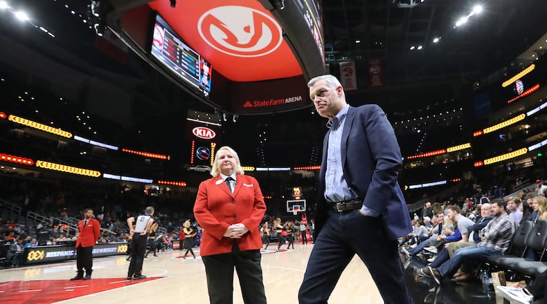 Hawks owner Tony Ressler walks off the court in the final minute of a 136-131 loss to the New York Knicks in a NBA basketball game after the NBA announce the season was suspended on Wednesday, March 11, 2020, in Atlanta. Curtis Compton ccompton@ajc.com
