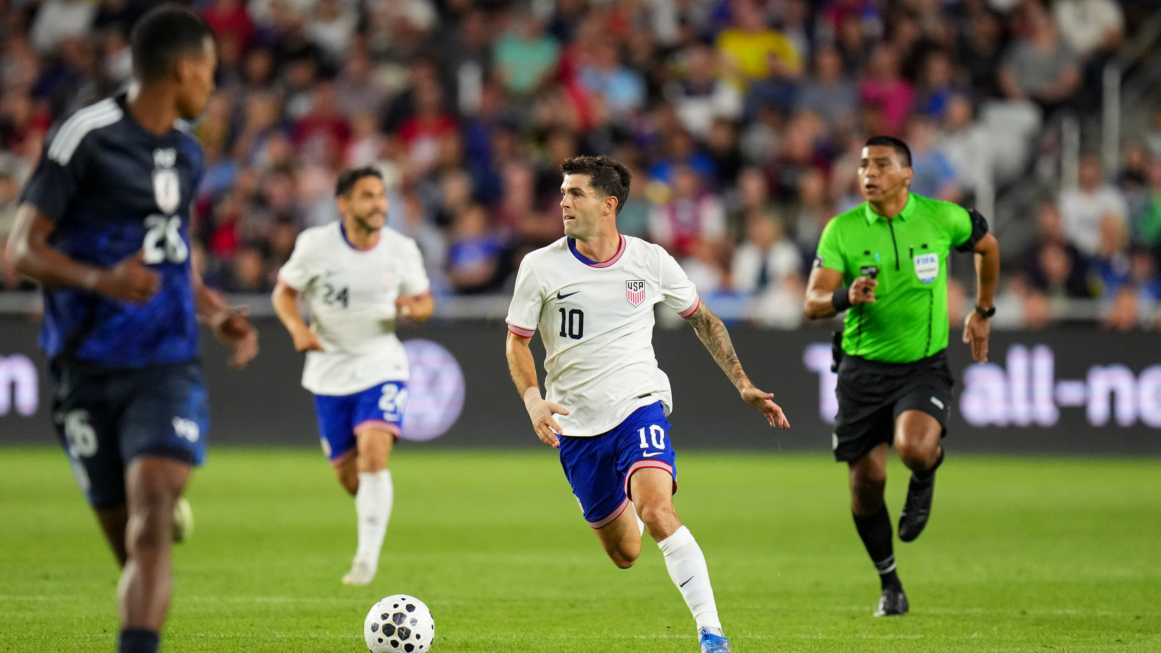 United States' Christian Pulisic (center) controls the ball during the first half of a friendly soccer match against Japan, Tuesday, Sept. 9, 2025, in Columbus, Ohio. (Jeff Dean/AP)