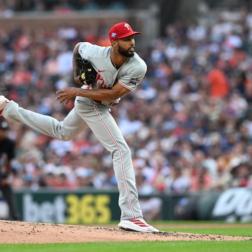 Philadelphia Phillies pitcher Cristopher Sánchez throws against the Detroit Tigers in the sixth inning of a baseball game, Saturday, July 11, 2026, in Detroit. (AP Photo/Lon Horwedel)