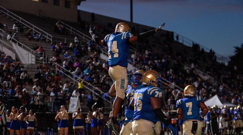 during a GHSA High School football game between Langston Hughes High School and McEachern High School at McEachern High School in Powder Springs, GA., on Friday, August 26, 2022. (Photo by Jenn Finch)