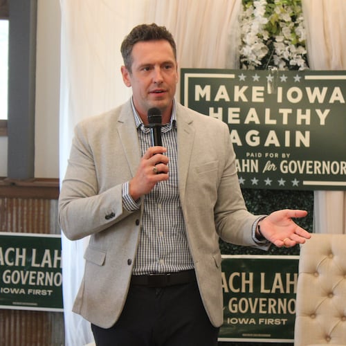 Zach Lahn, Republican candidate for Iowa governor, speaks during a campaign event Thursday, May 28, 2026, in Newton, Iowa. (Erin Murphy/The Gazette via AP)