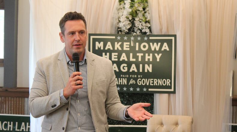 Zach Lahn, Republican candidate for Iowa governor, speaks during a campaign event Thursday, May 28, 2026, in Newton, Iowa. (Erin Murphy/The Gazette via AP)