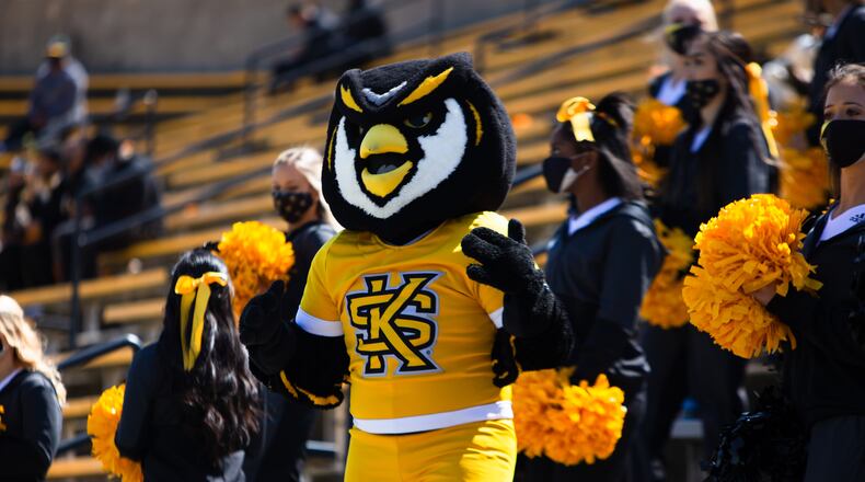 FILE - The Kennesaw State mascot dances during the Kennesaw State vs. Dixie State football game on Saturday, March 20, 2021, at Fifth Third Bank Stadium in Kennesaw, Georgia. Kennesaw State defeated Dixie State 37-27. CHRISTINA MATACOTTA FOR THE ATLANTA JOURNAL-CONSTITUTION.