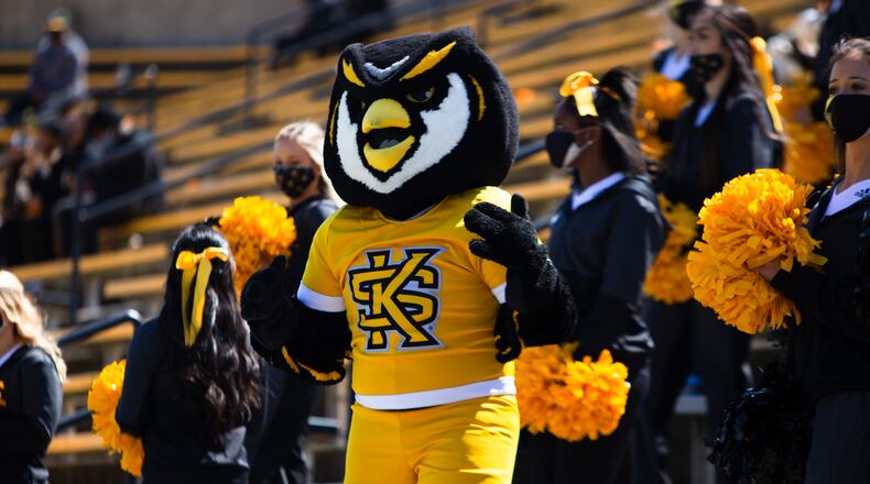 The Kennesaw State mascot dances during the Kennesaw State vs. Dixie State football game on Saturday, March 20, 2021, at Fifth Third Bank Stadium in Kennesaw, Georgia. Kennesaw State defeated Dixie State 37-27. CHRISTINA MATACOTTA FOR THE ATLANTA JOURNAL-CONSTITUTION.