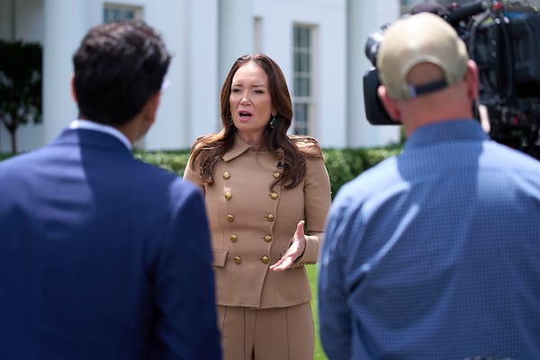 Agriculture Secretary Brooke Rollins speaks with reporters at the White House, Tuesday, May 20, 2025, in Washington. (AP Photo/Evan Vucci)