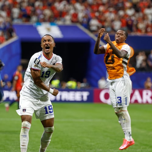 Cabo Verde's Dailon Livramento, center, and Cabo Verde's Sidny Lopes Cabral celebrate after the World Cup Group H soccer match between Spain and Cape Verde in Atlanta, Monday, June 15, 2026. (AP Photo/Erik S. Lesser)