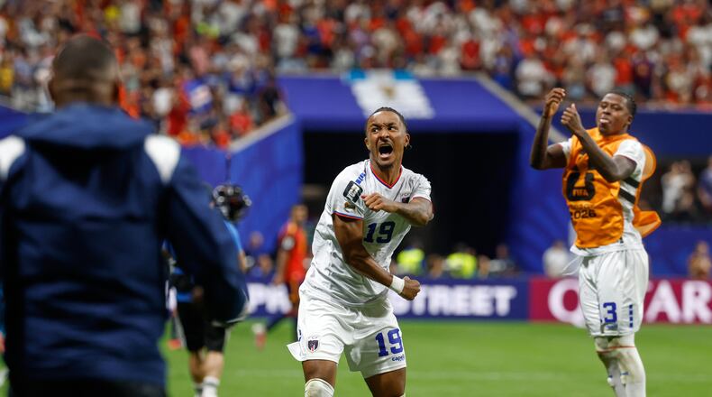 Cabo Verde's Dailon Livramento, center, and Cabo Verde's Sidny Lopes Cabral celebrate after the World Cup Group H soccer match between Spain and Cape Verde in Atlanta, Monday, June 15, 2026. (AP Photo/Erik S. Lesser)
