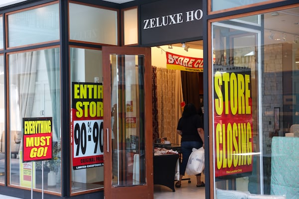 The store Zeluxe Home advertises a closing sale at North Point Mall in Alpharetta on April 10, 2026. (Arvin Temkar/AJC)