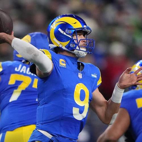 Los Angeles Rams quarterback Matthew Stafford,who played for Georgia, returns to Atlanta to take on the Falcons on Monday. (Lindsey Wasson/AP)