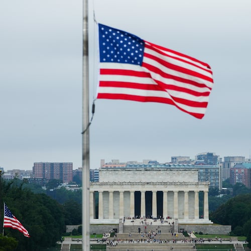 American flags fly above the Lincoln Memorial, Thursday, July 9, 2026, in Washington. (AP Photo/Julia Demaree Nikhinson)