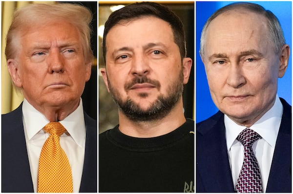 FILE - In this combination of file photos, President Donald Trump, left, and Ukraine's President Volodymyr Zelenskyy, center, are seen at the Elysee Palace, Dec. 7, 2024 in Paris, and President Vladimir Putin, right, addresses a Technology Forum in Moscow, Russia, Feb. 21, 2025. (AP Photo/Aurelien Morissard, left and center, Pavel Bednyakov, right, File)