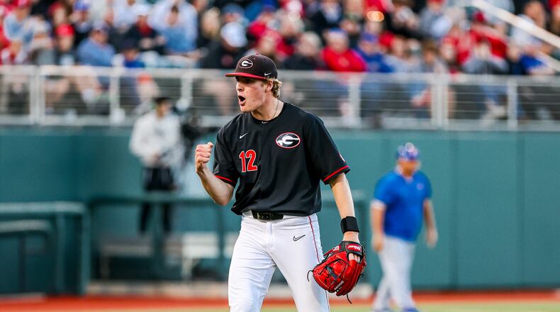 Georgia pitcher Jonathan Cannon (12), here reacting to an out during his last outing against Florida, has been scratched (Photo by Tony Walsh/UGA Athletics)