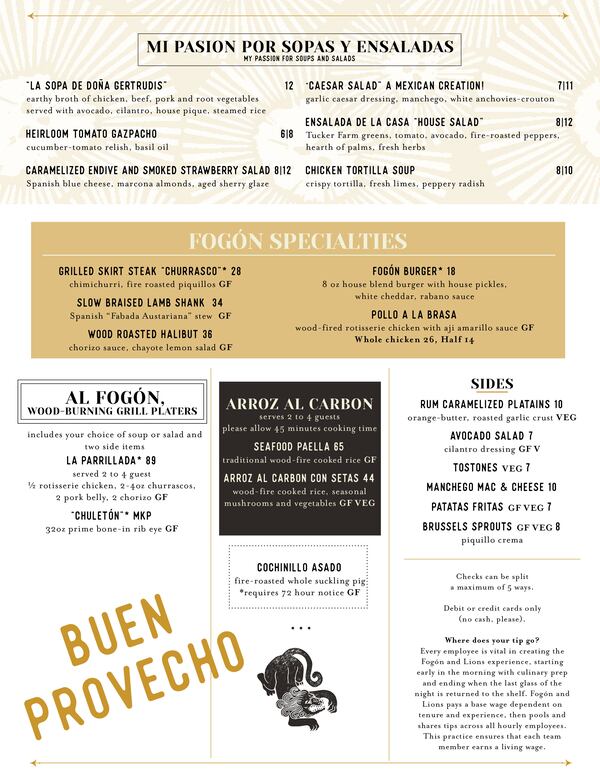 Fogon & Lions menu