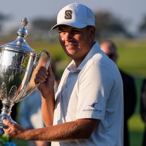 Sami Valimaki celebrates on the 18th green during the final round of the RSM Classic golf tournament, Sunday, Nov. 23, 2025, in St. Simons Island, Ga. (AP Photo/Mike Stewart)