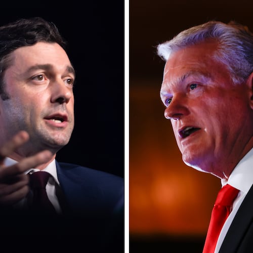 (From left) Democratic U.S. Sen. Jon Ossoff and Republican U.S. Senate nominee Mike Collins. (Arvin Temkar/AJC)