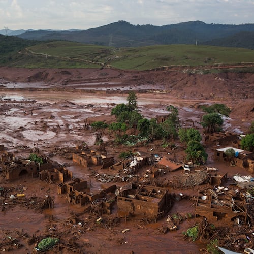 FILE - Debris is visible after a dam burst at the small town of Bento Rodrigues in Minas Gerais state, Brazil, Nov. 6, 2015. (AP Photo/Felipe Dana, File)