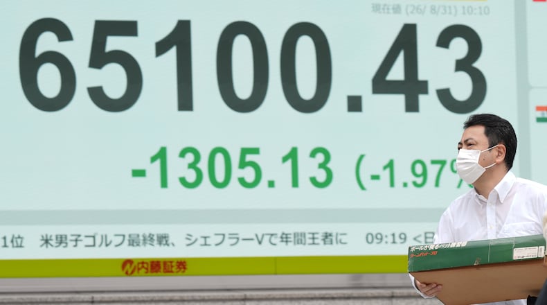 A person walks in front of an electronic stock board showing Japan's Nikkei index at a securities firm Monday, Aug. 31, 2026, in Tokyo. (AP Photo/Eugene Hoshiko)