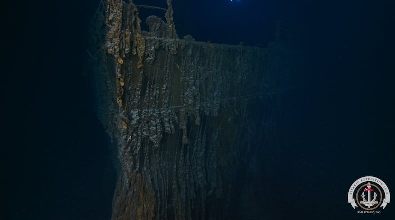 This is a photograph of the bow of the sunken Titanic that was taken during a July 2024 expedition. The image revealed significant decay from prior expeditions.