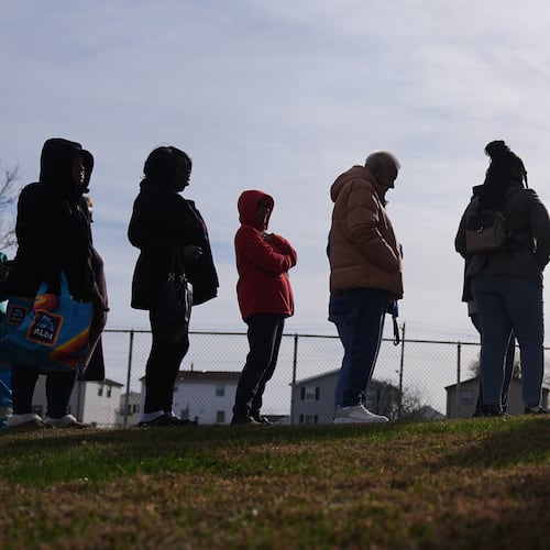 People wait in line durning an emergency food distribution at The Jewish Federation of Greater Philadelphia's Mitzvah Food Program in Philadelphia, Friday, Nov. 7, 2025. (AP Photo/Matt Rourke)
