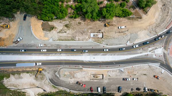 Cars pass through road construction on U.S. Hwy 280 after a shift change at the Hyundai Metaplant in Bryan County, GA on April 23, 2025. (Justin Taylor for The Atlanta Journal-Constitution)
