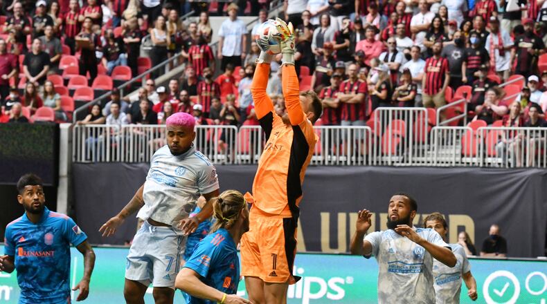 Nashville goalkeeper Joe Willis (1) makes a stop over Atlanta United forward Josef Martinez (7) during the first half Saturday, May 29, 2021, at Mercedes Benz-Stadium in Atlanta. The game ended in a 2-2 draw. (Hyosub Shin / Hyosub.Shin@ajc.com)