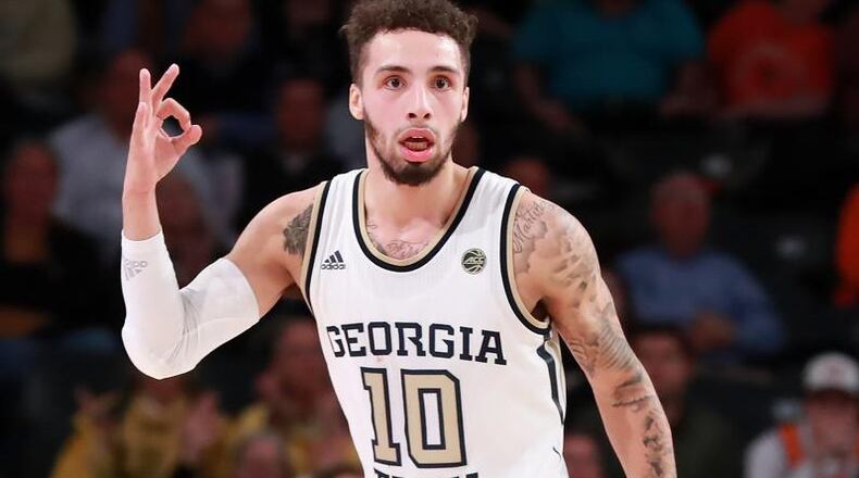 Georgia Tech guard Jose Alvarado reacts to scoring against Virginia Tech during the first half at McCamish Pavilion on Wednesday, Jan. 9, 2019. Credit: Curtis Compton/ccompton@ajc.com