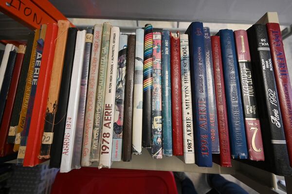 October 15, 2020 Milton - Milton High School's past yearbooks are shown in a stack at Milton High School on Oct. 15, 2020.  Hyosub Shin / Hyosub.Shin@ajc.com