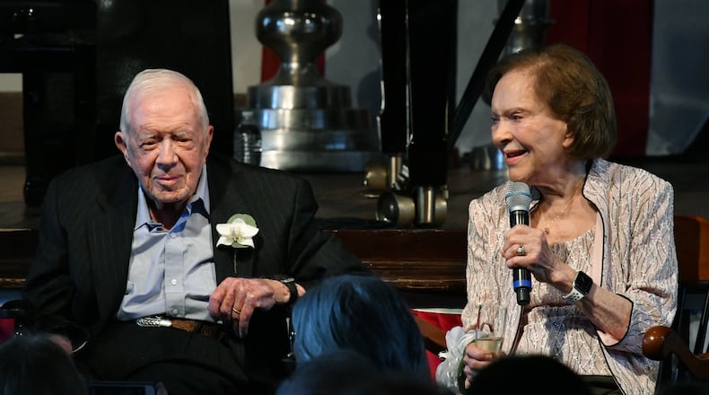 July 10, 2021 Plains - Former U.S. President Jimmy Carter and his wife, Rosalynn, celebrate their 75th wedding anniversary with a private reception for more than 300 invited guests at Plains High School in Plains on Saturday, July 10, 2021. (Hyosub Shin / Hyosub.Shin@ajc.com)