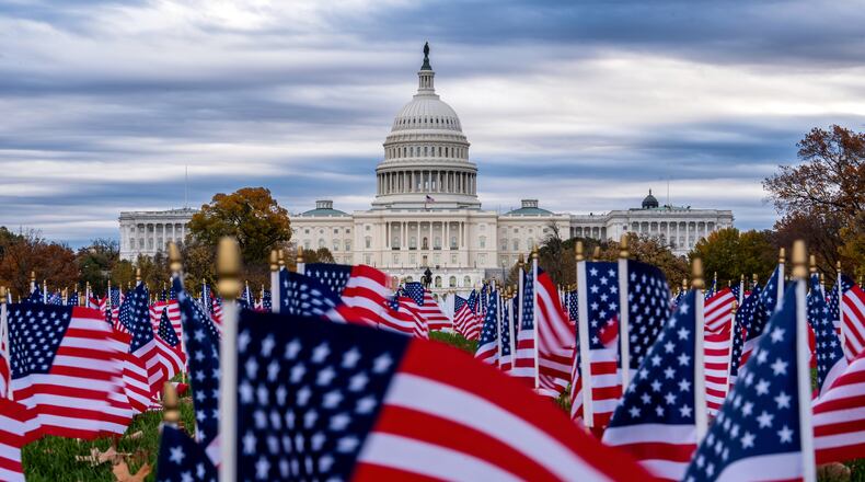 Miniature American flags flutter in wind gusts across the National Mall near the Capitol in Washington, Monday, Nov. 10, 2025. (AP Photo/J. Scott Applewhite)