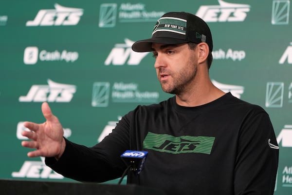 New York Jets offensive coordinator Tanner Engstrand speaks with reporters before an NFL football practice in Florham Park, N.J., Thursday, May 29, 2025. (AP Photo/Seth Wenig)