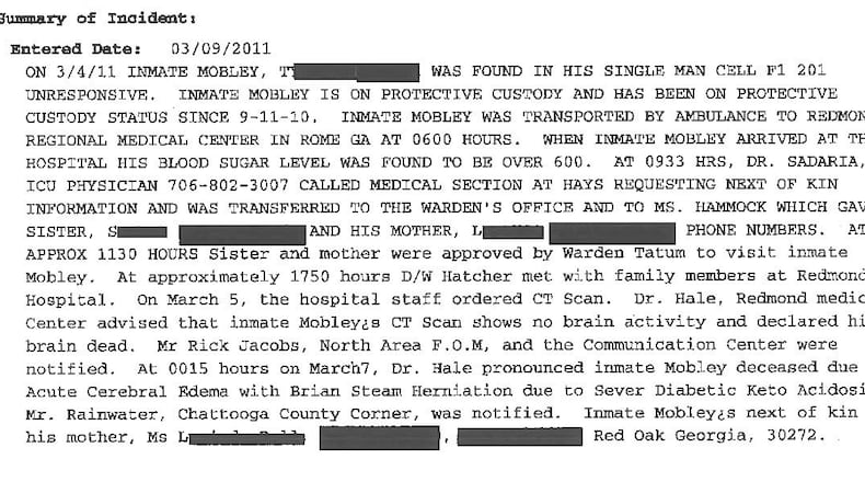 Tyrence Mobley was in protective custody at Hays State Prison in 2011 when he was found unresponsive in his cell, according to an incident report. A hospital found that diabetic ketoacidosis led to fluid buildup in his brain and brain stem herniation, or pressure in the skull that shifts tissue.