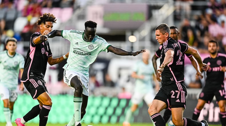 Atlanta United forward Machop Chol #30 dribbles the ball during the match against Inter Miami at DRV PNK Stadium in Fort Lauderdale, FL on Saturday May 6, 2023. (Photo by Mitchell Martin/Atlanta United)