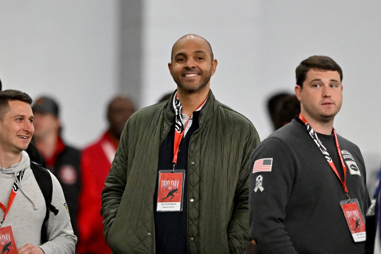 Atlanta Falcons general manager Ian Cunningham reacts during Georgia's NFL Pro Day at Payne Indoor Athletic Facility, Wednesday, March 18, 2026, in Athens. (Hyosub Shin/AJC)