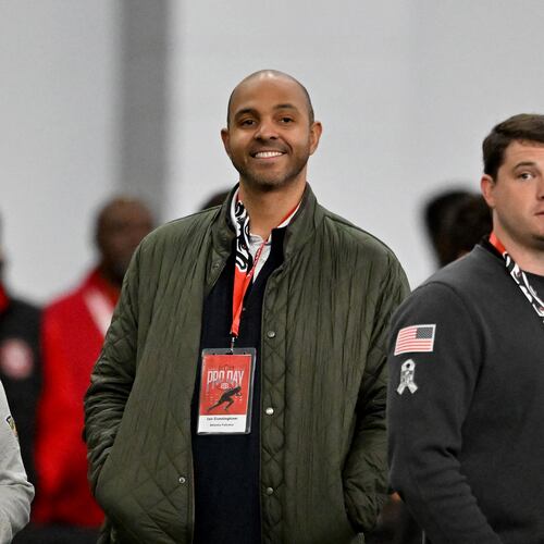 Atlanta Falcons general manager Ian Cunningham reacts during Georgia's NFL Pro Day at Payne Indoor Athletic Facility, Wednesday, March 18, 2026, in Athens. (Hyosub Shin/AJC)